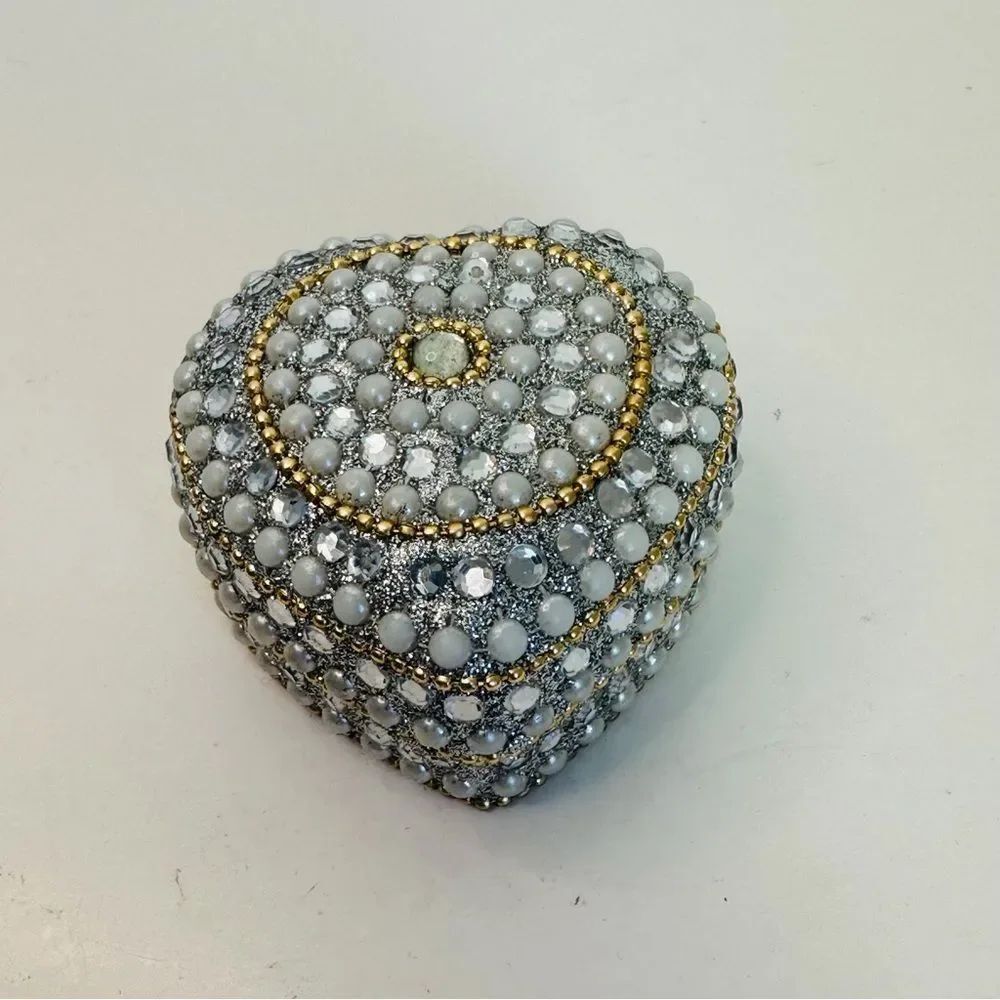 Heart Shaped Crystal Pearl Lined Metal Trinket Box 3x3x1.5
